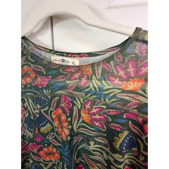 Natural Life Sloane Mesh Top Green Painterly Vines Long Sleeve Sheer XL - Picture 3 of 4
